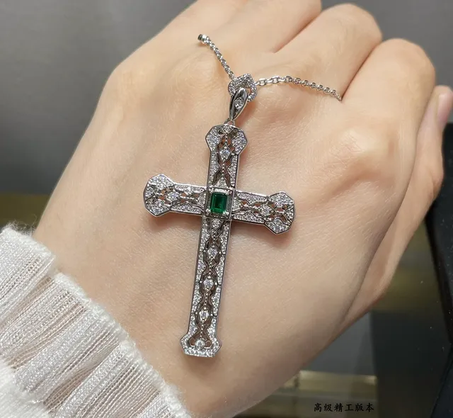 Silver Green Ornate Filigree Cross Pavé-Set Clear Stones Necklace 6