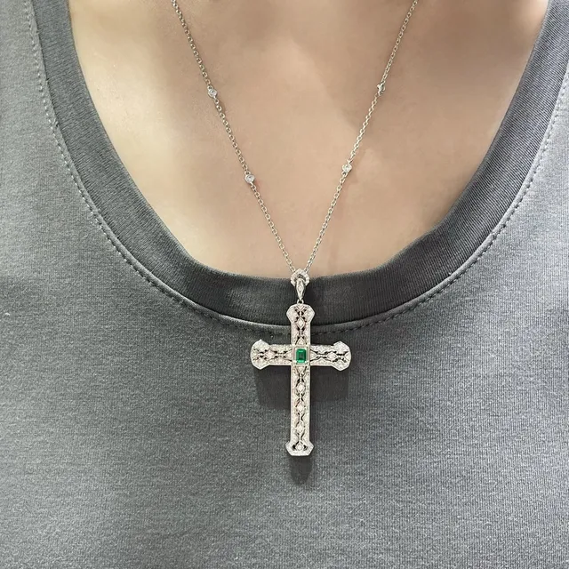 Silver Green Ornate Filigree Cross Pavé-Set Clear Stones Necklace 9