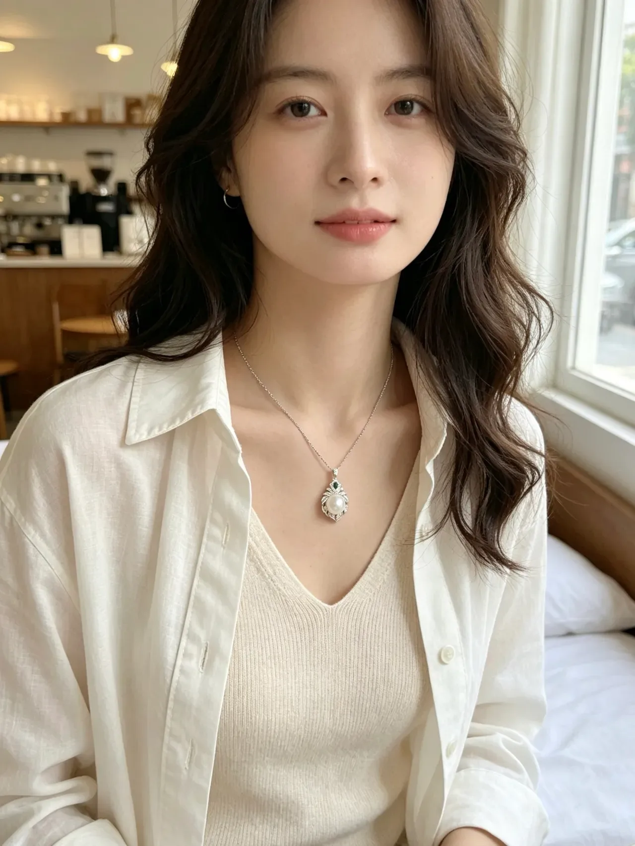 Silver Green Pearl-Centered Pendant Leaf-Inspired Diamond Halo Necklace 2