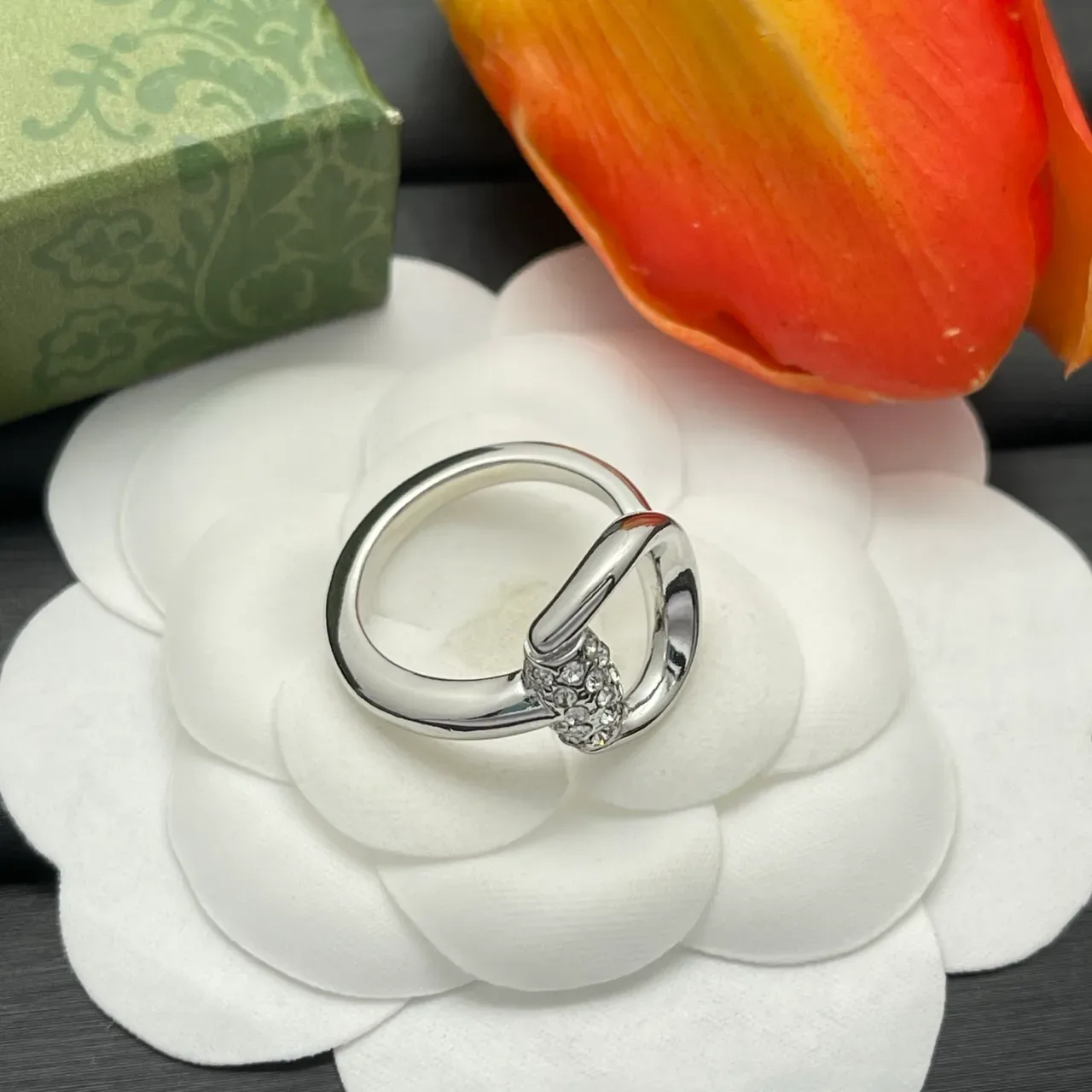 Silver-Tone Open Hoop Pavé Crystal Adjustable Ring 5