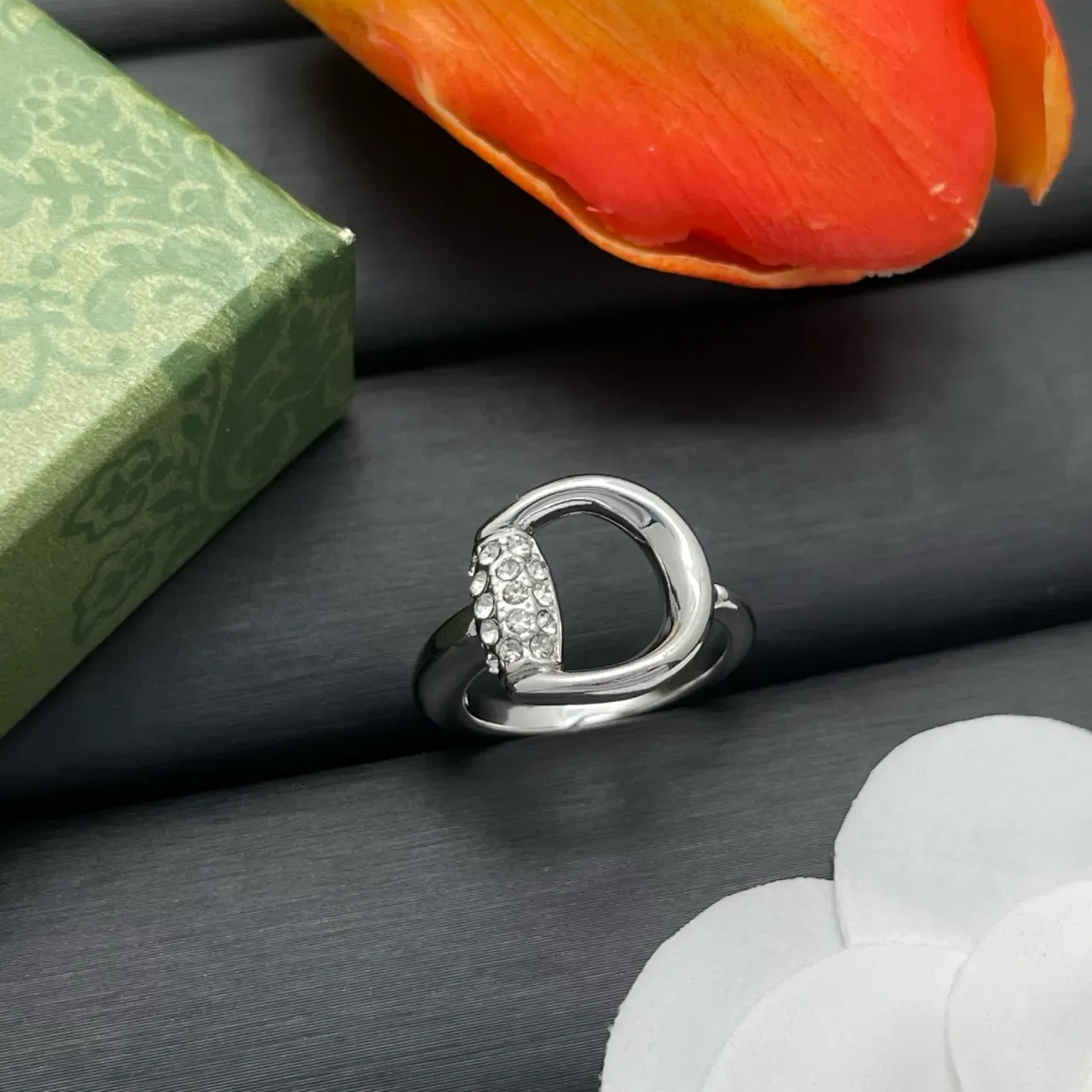 Silver-Tone Open Hoop Pavé Crystal Adjustable Ring 7