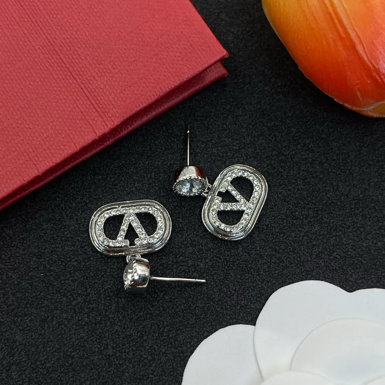 Silver-Tone Pavé Crystal Oval Logo Dangling Earrings 6