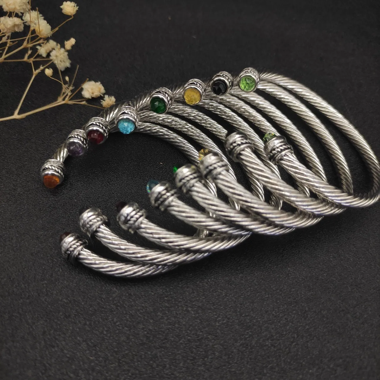 Silver-Tone Twisted Cable Gemstone-Terminal Open Cuff Bracelet 5
