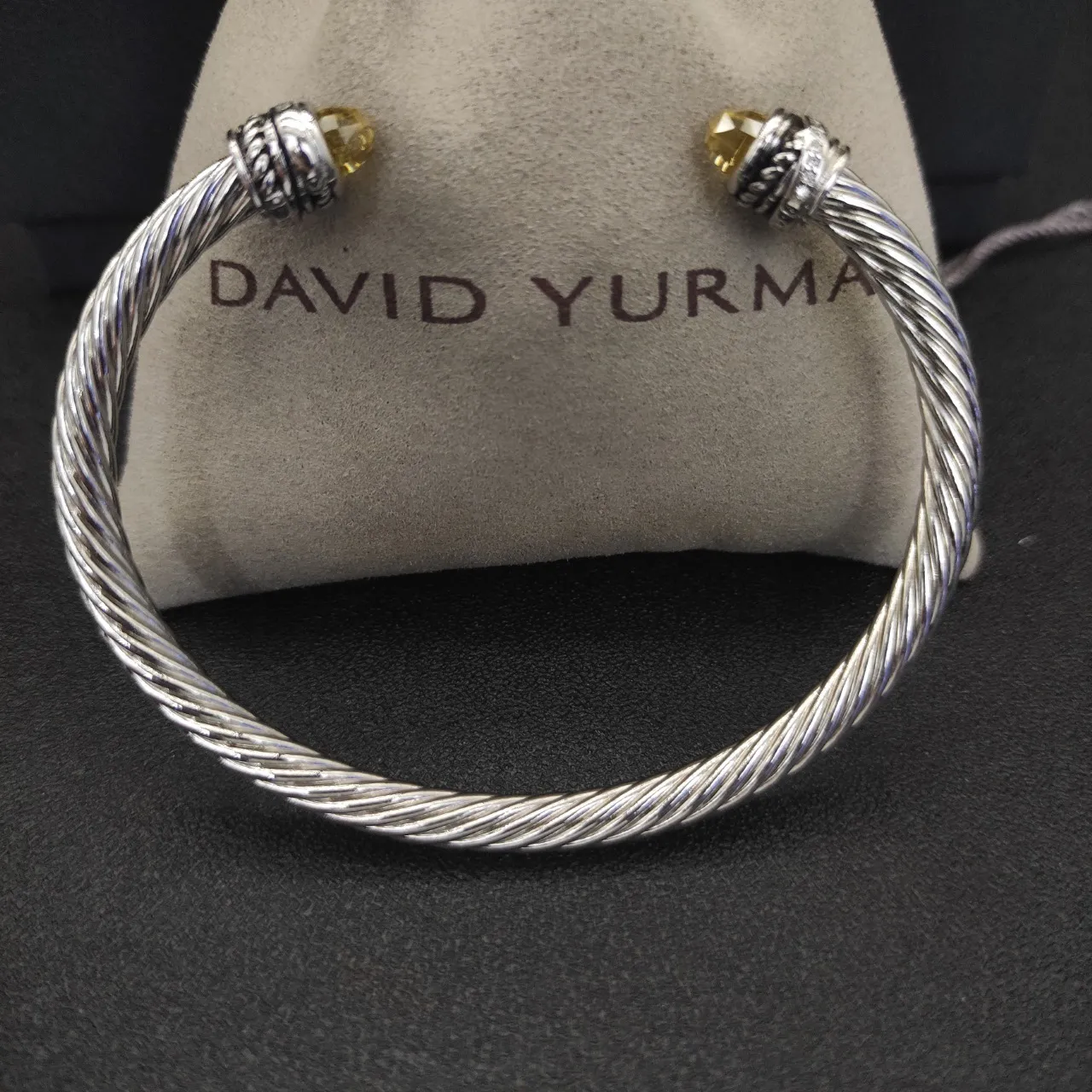 Silver-Tone Twisted Cable Gemstone-Terminal Open Cuff Bracelet 8