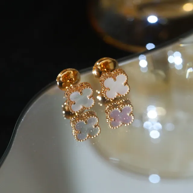 Silver-Toned Clover-Shaped Mother-of-Pearl Stud Earrings 7