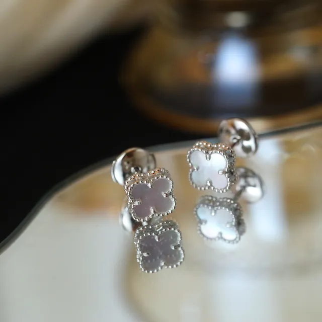 Silver-Toned Clover-Shaped Mother-of-Pearl Stud Earrings 8