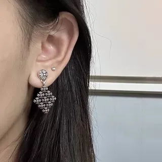 Silver-Toned Floral Diamond Cluster Dangling Earrings 2