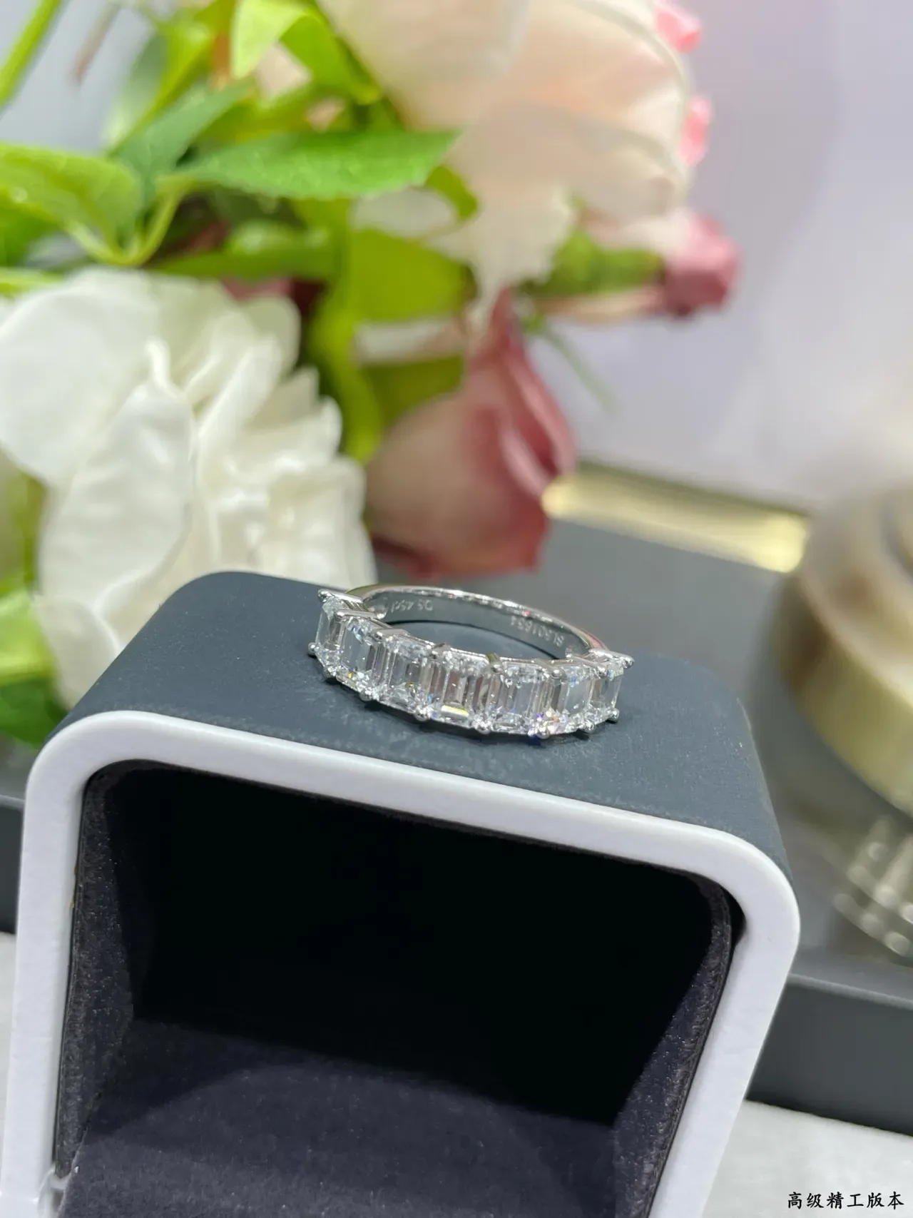 Bague Argent Pierres Transparente Taille Émeraude Canal Set 7