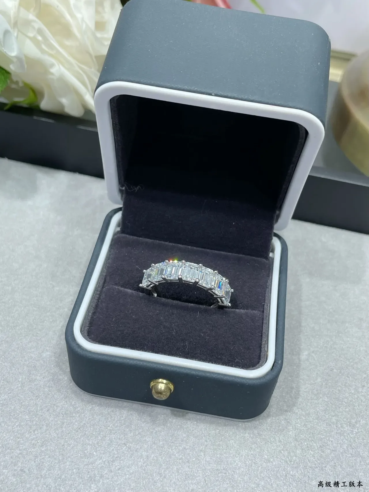 Bague Argent Pierres Transparente Taille Émeraude Canal Set 9