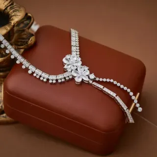 Silver White Floral Motif Centerpiece Pavé-Set Stones Necklace