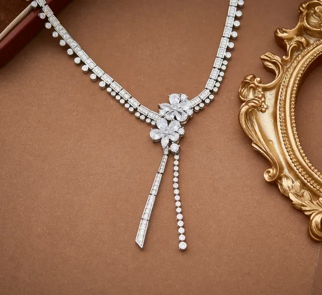 Silver White Floral Motif Centerpiece Pavé-Set Stones Necklace 2