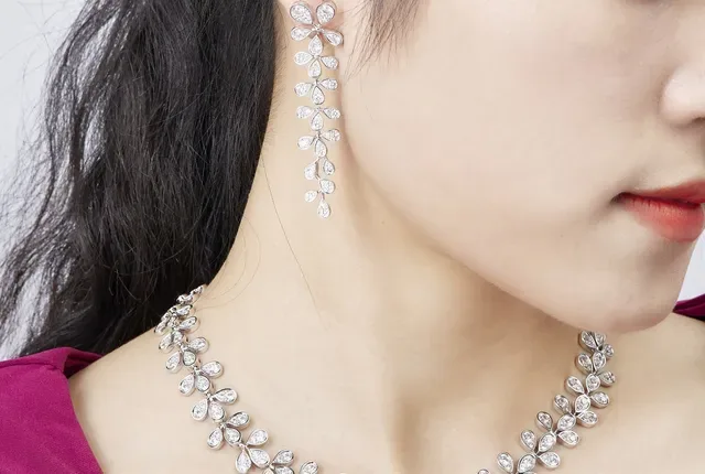 Silver White Floral Motif Pavé-Set Stones Earrings 2