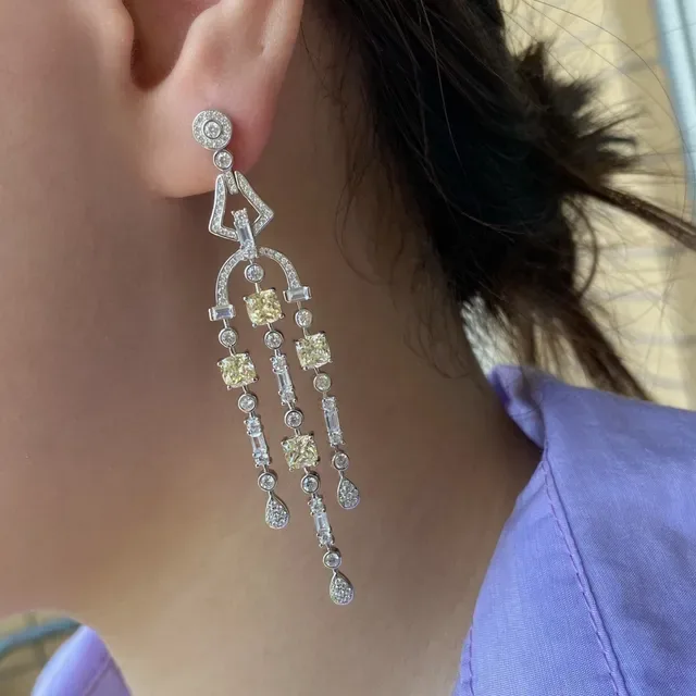 Silver Yellow Chandelier-Style Multi-Tiered Earrings 8