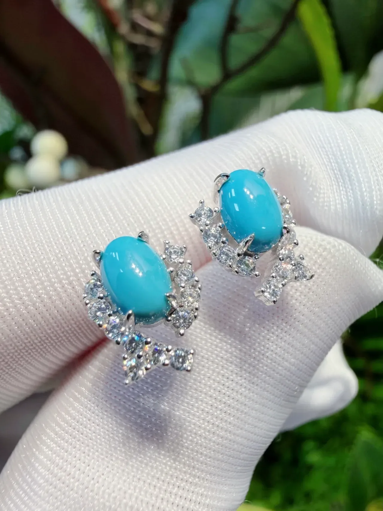 Sky Blue Cabochon and Pavé Drop Stud Earrings 3