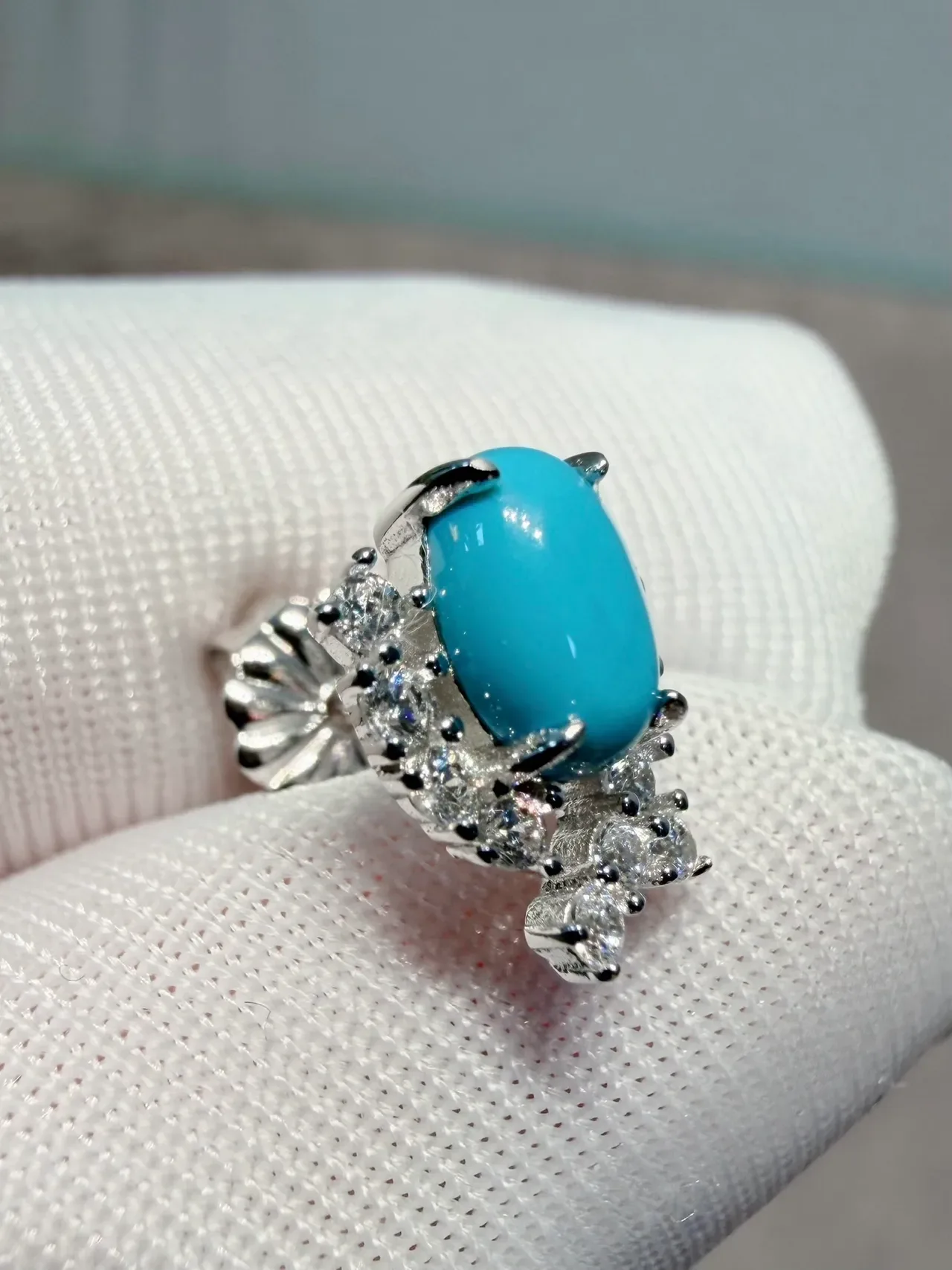 Sky Blue Cabochon and Pavé Drop Stud Earrings 4