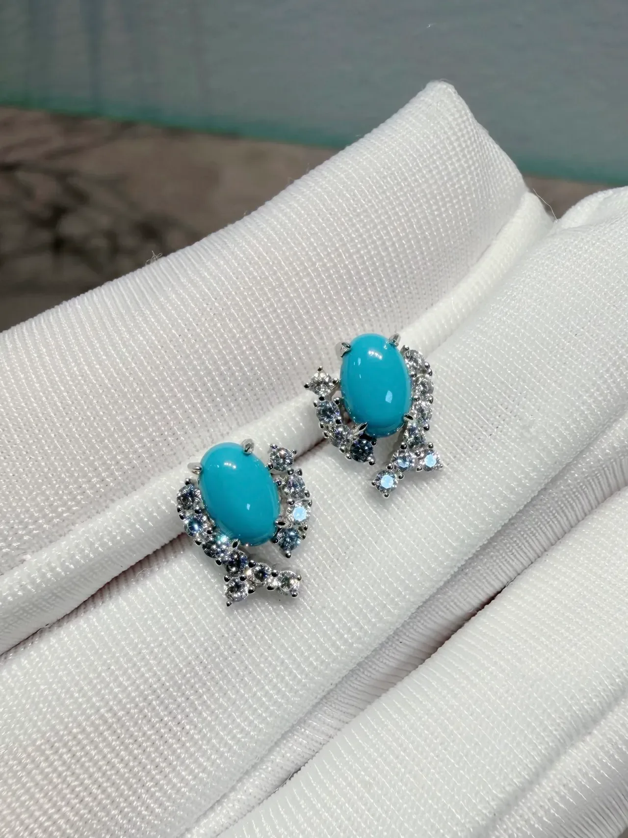 Sky Blue Cabochon and Pavé Drop Stud Earrings 6