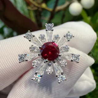 Snowflake-Style Red Gemstone and Diamond Brooch