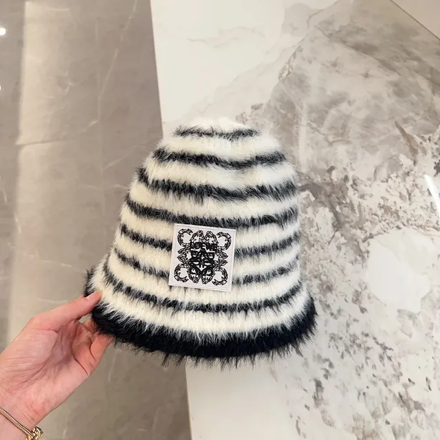 Striped Fluffy Faux Fur Patch-Adorned Bucket Hat 5