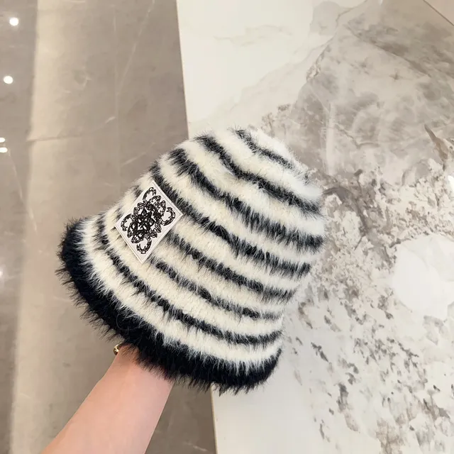Striped Fluffy Faux Fur Patch-Adorned Bucket Hat 6