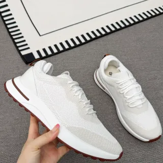White and Brown Knit Mesh Low-Top Lifestyle Sneakers
