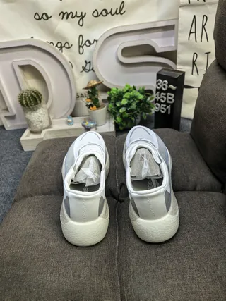 White and Gray Laceless Strap Knit Sneaker 8