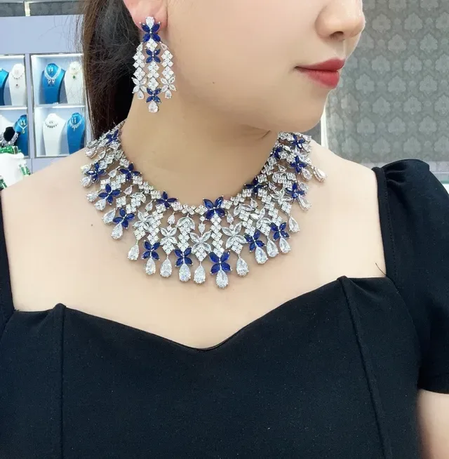 White Blue Floral Motif Teardrop-Dangle Elements Necklace 2