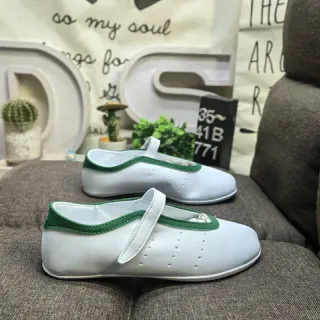 White Green Leather-Like Upper Contrast Piping Mary Jane Shoes