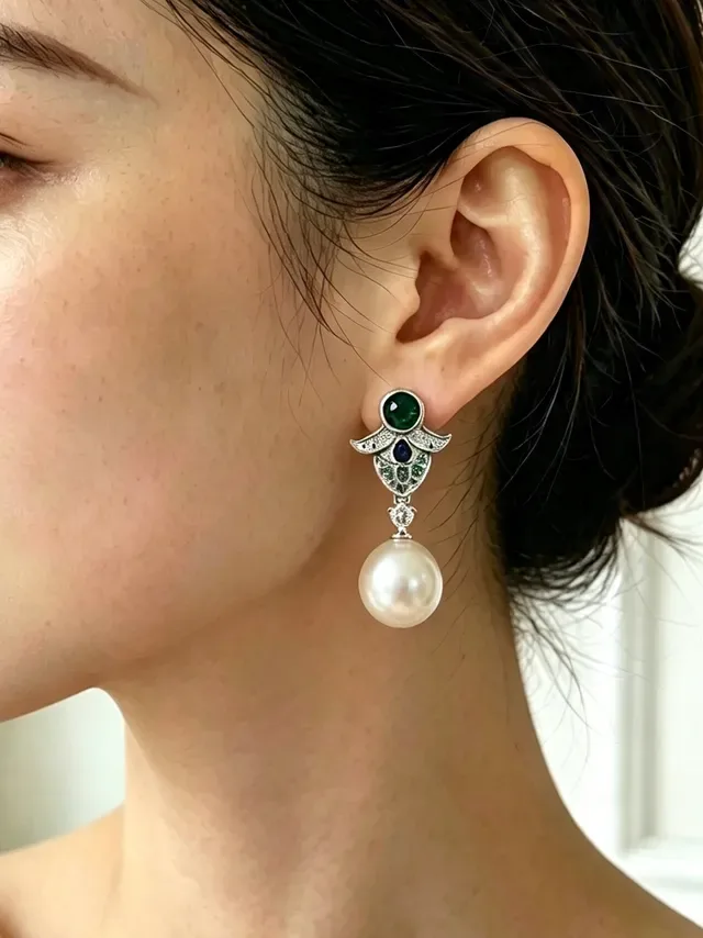White Green Pearl Drop Multi-Gemstone Earrings 2