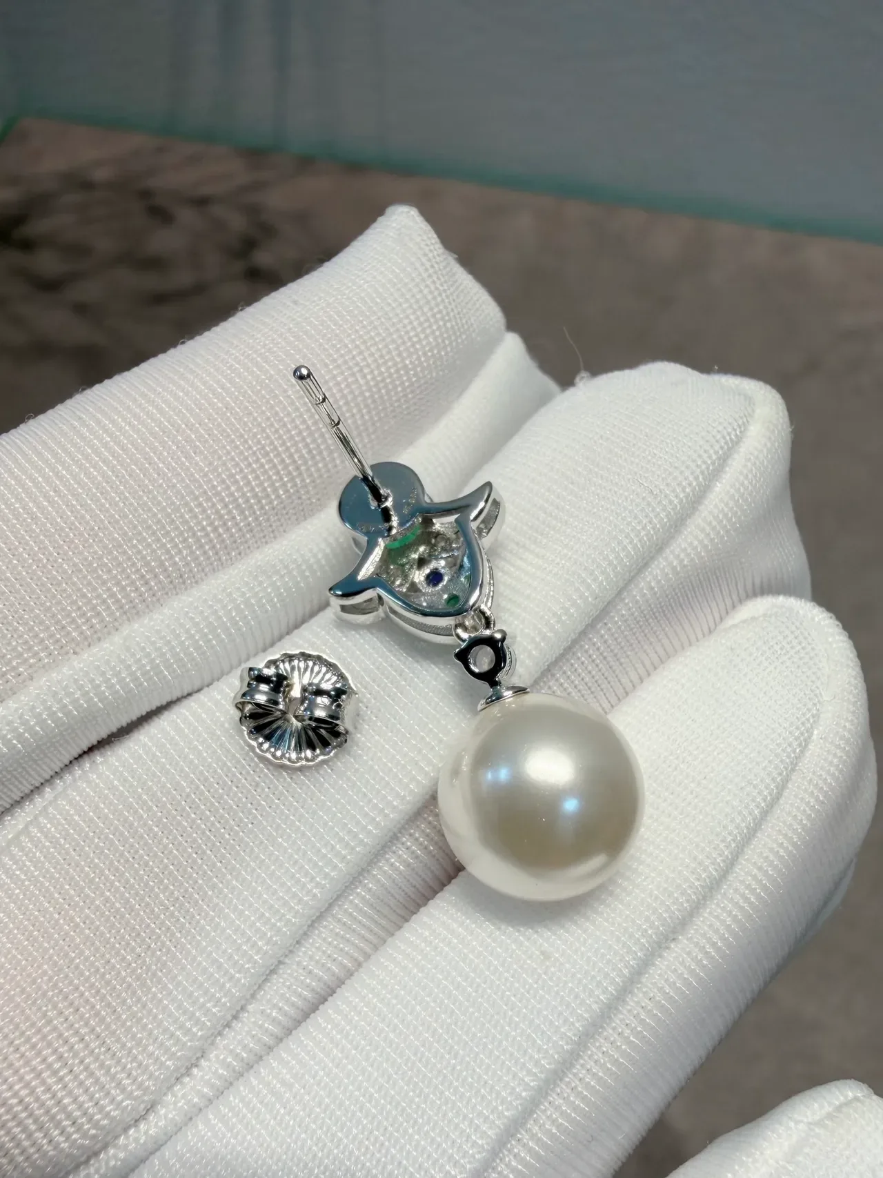 White Green Pearl Drop Multi-Gemstone Earrings 3