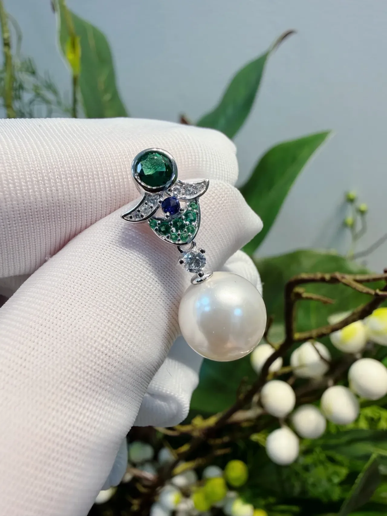 White Green Pearl Drop Multi-Gemstone Earrings 6