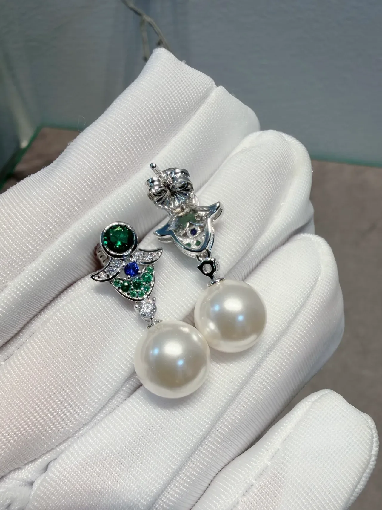 White Green Pearl Drop Multi-Gemstone Earrings 7