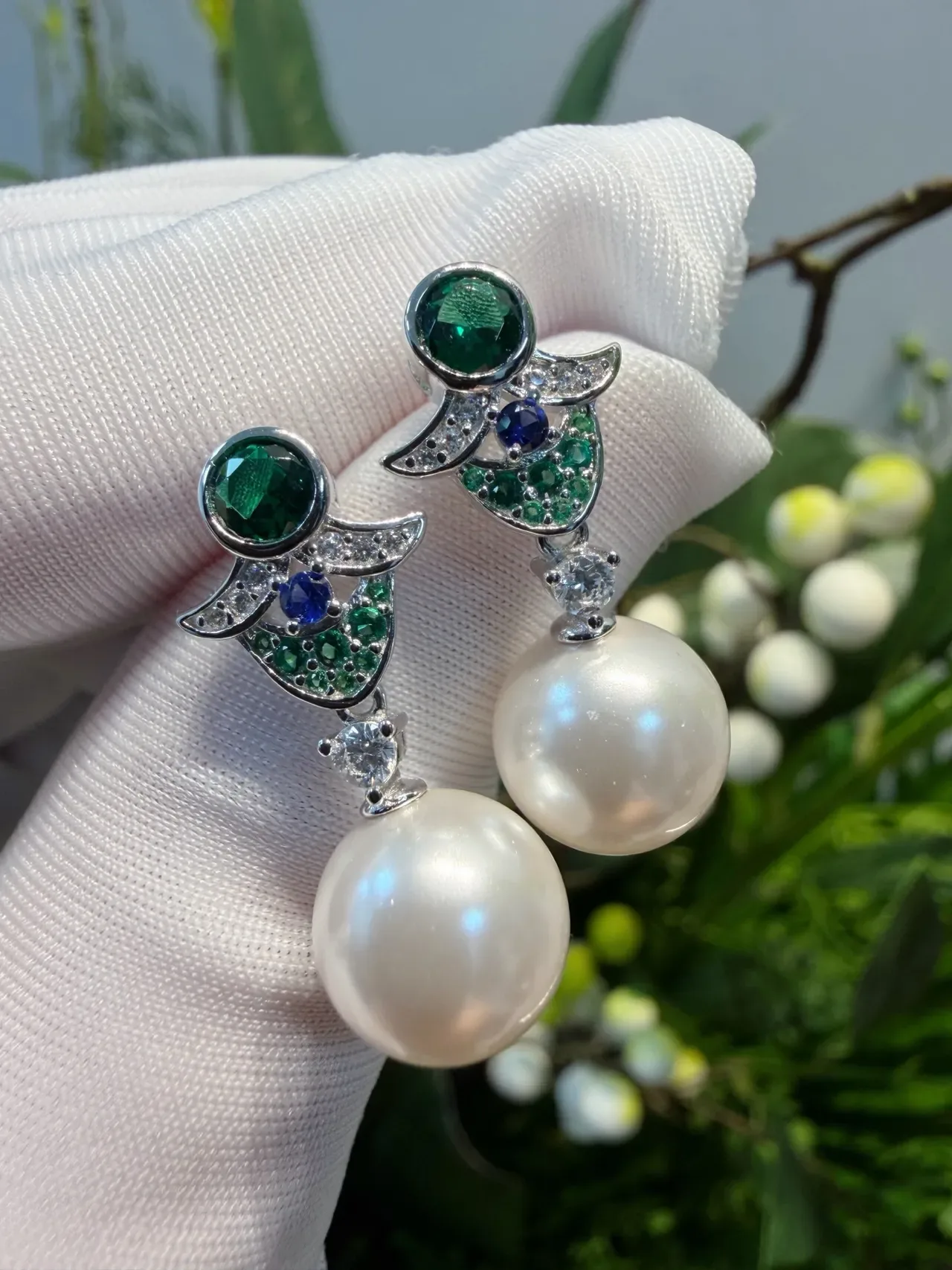 White Green Pearl Drop Multi-Gemstone Earrings 8