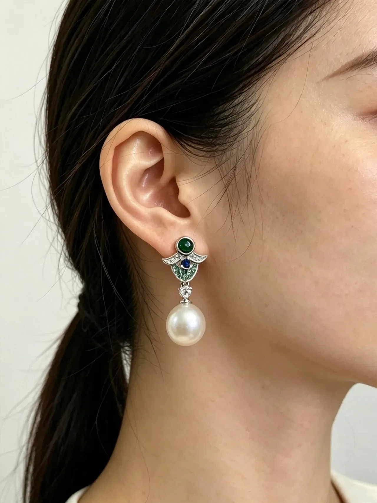 White Green Pearl Drop Multi-Gemstone Earrings 9