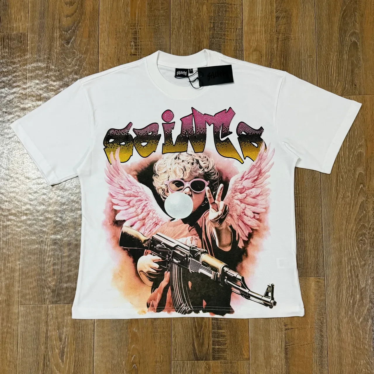 White Rhinestone Graphic Print Double-Sided Oversized T-Shirt 3