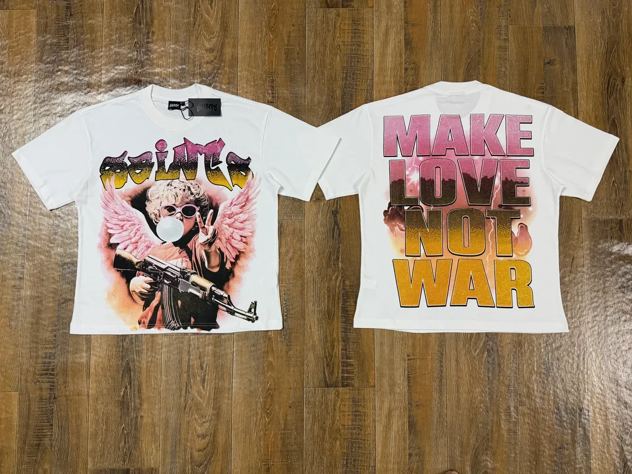 White Rhinestone Graphic Print Double-Sided Oversized T-Shirt 4