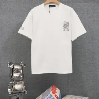 T-shirt blanc à col rond manches courtes imprimé texte et brodé