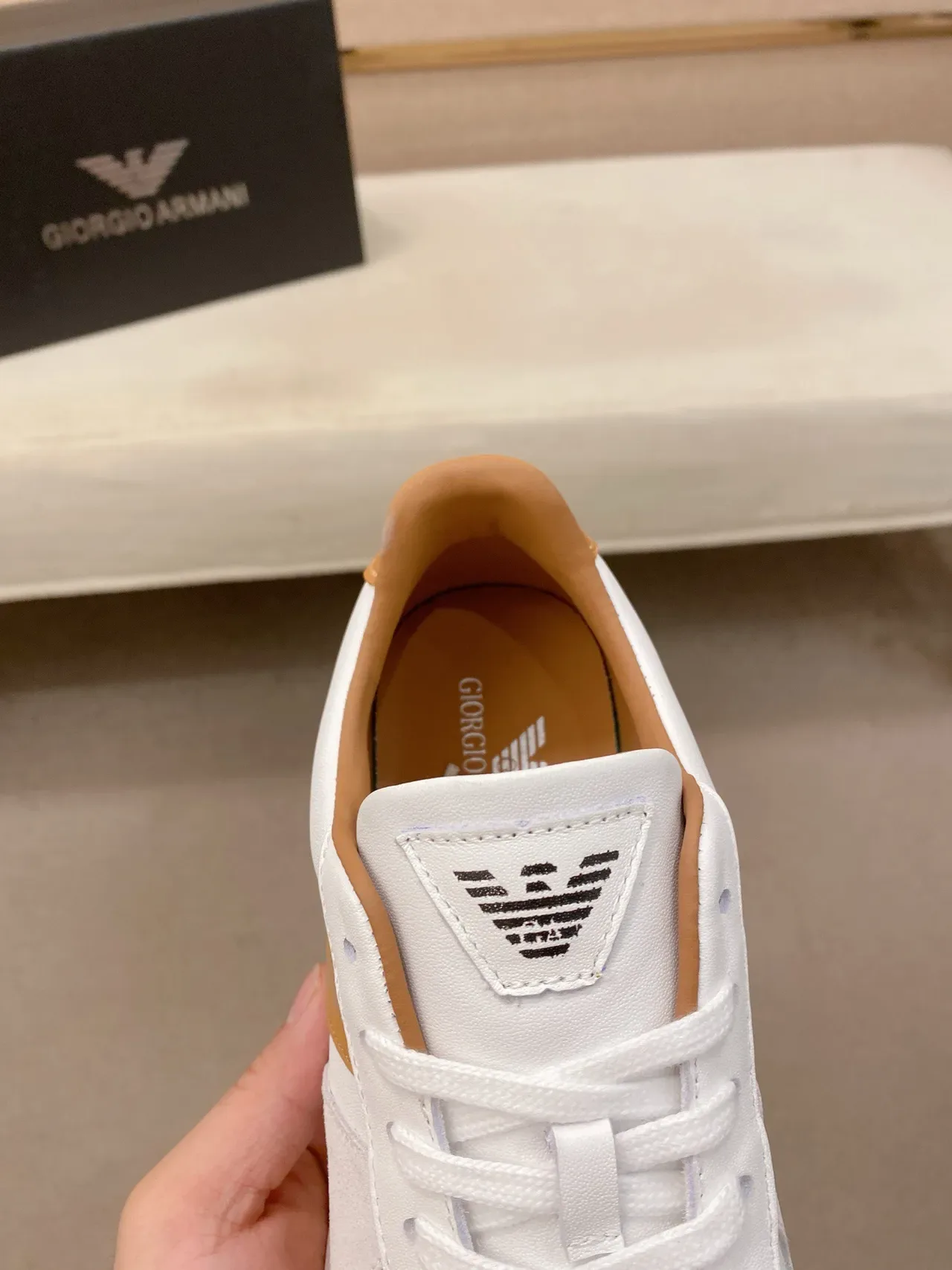 Giorgio Armani White Beige Mixed-Material Upper Clean Low-Top Silhouette Sneakers 6