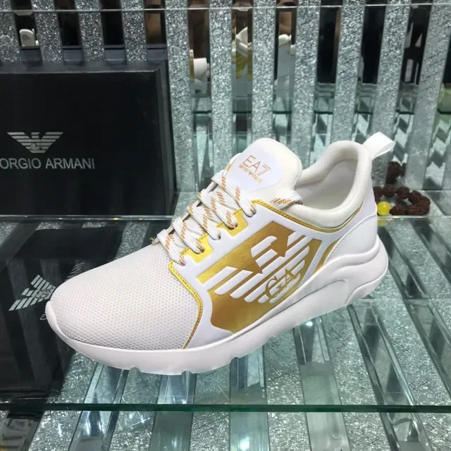 Giorgio Armani White Gold Mesh Upper Metallic Monogram Panel Lifestyle Sneakers 3