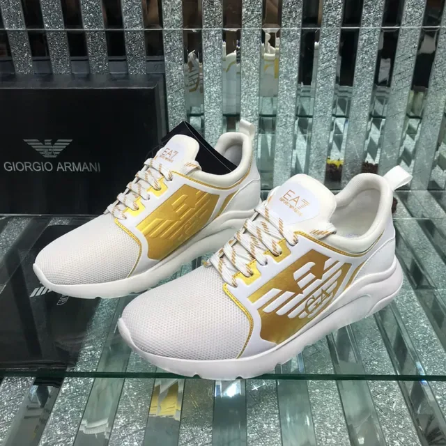 Giorgio Armani White Gold Mesh Upper Metallic Monogram Panel Lifestyle Sneakers 8