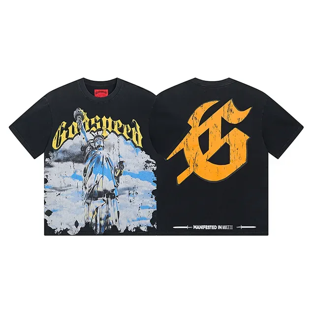 Camiseta Godspeed con estampado gráfico desgastado de la Estatua de la Libertad 2
