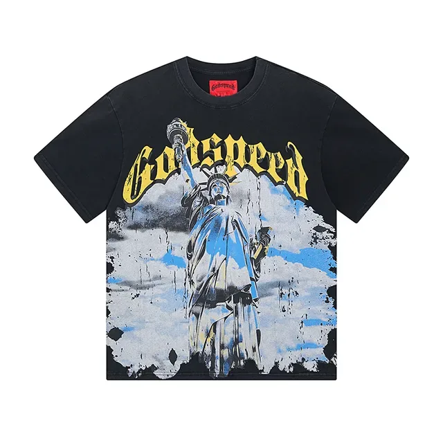 Camiseta Godspeed con estampado gráfico desgastado de la Estatua de la Libertad 5