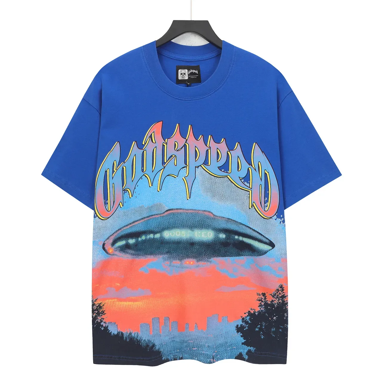 Camiseta Godspeed oversized azul con estampado gráfico de doble cara 2