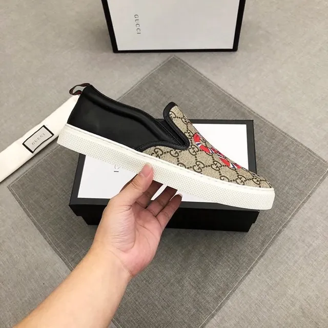Gucci Ace Bege Preto GG Monogram Tela Borda de Couro Loafer 9