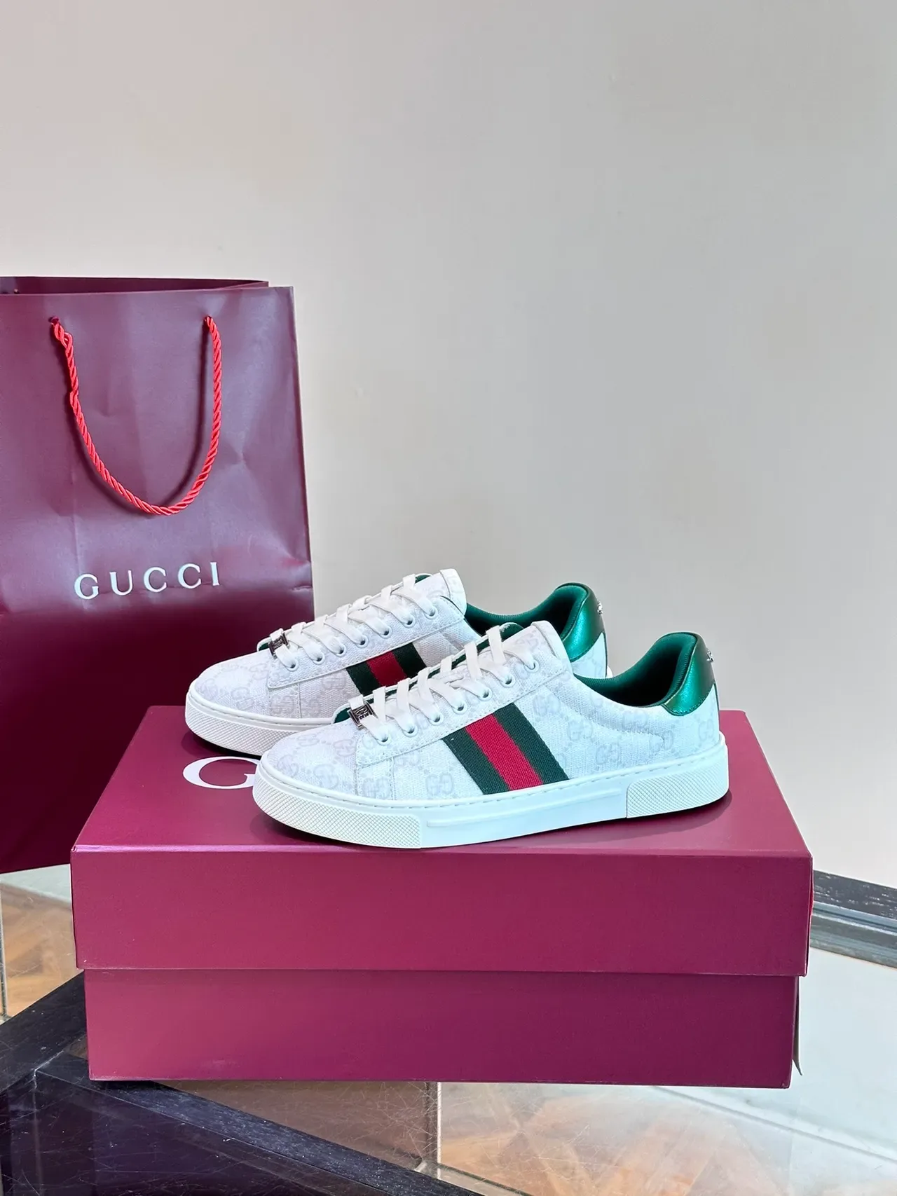 Gucci Ace GG Monogram Web Stripe White Green Red Lifestyle Sneakers 5