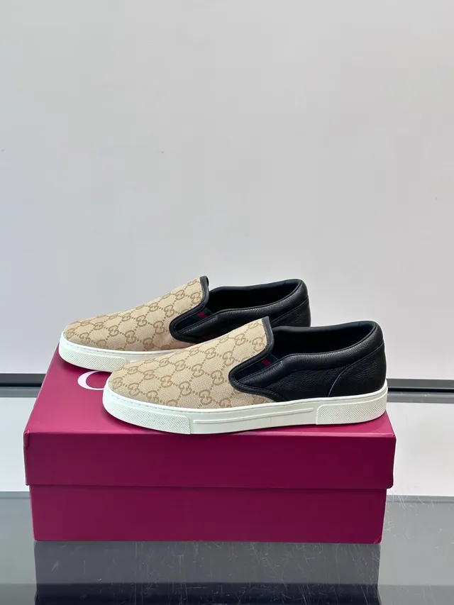 Gucci Beige Black GG Monogram Canvas Leather Heel Counter Loafer 5