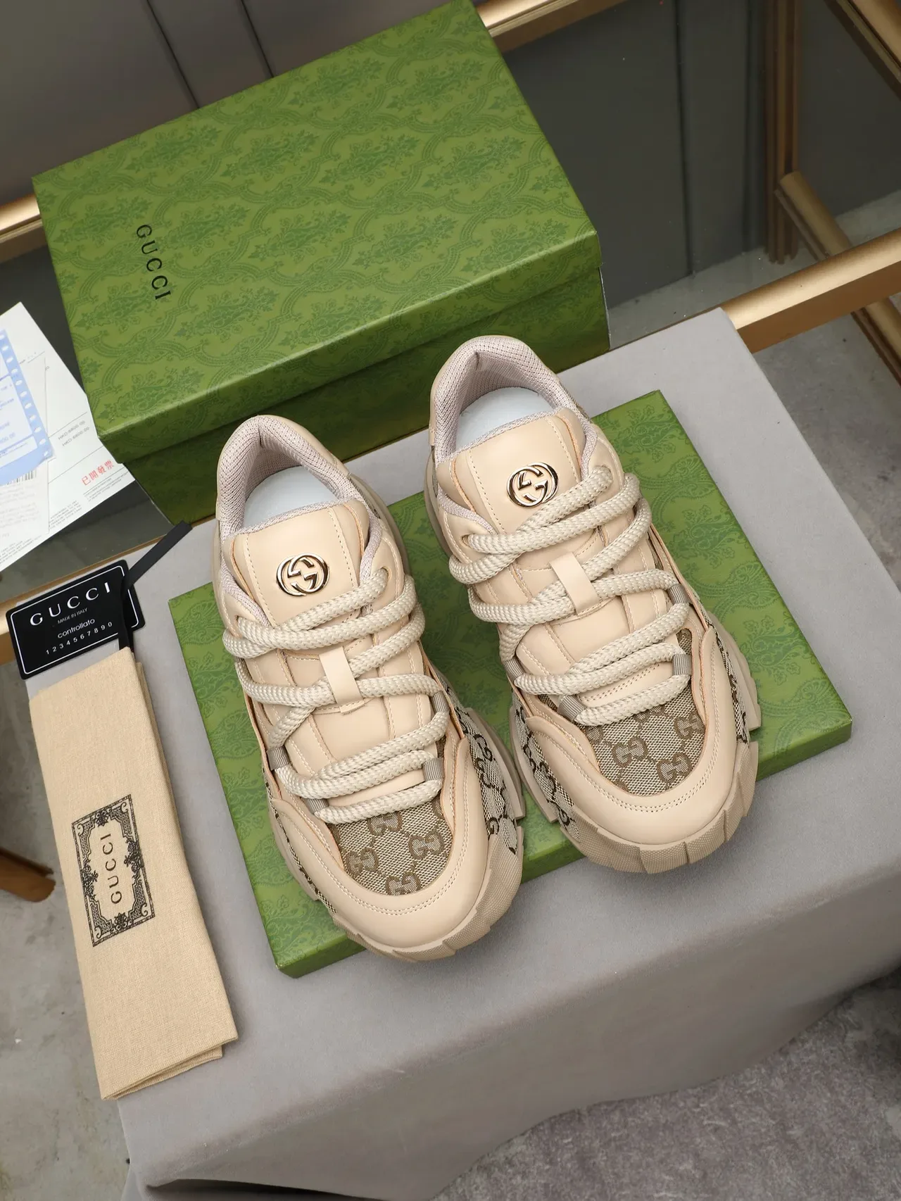 Gucci Beige Brown GG Monogram Canvas Rope Laces Chunky Sneakers 2