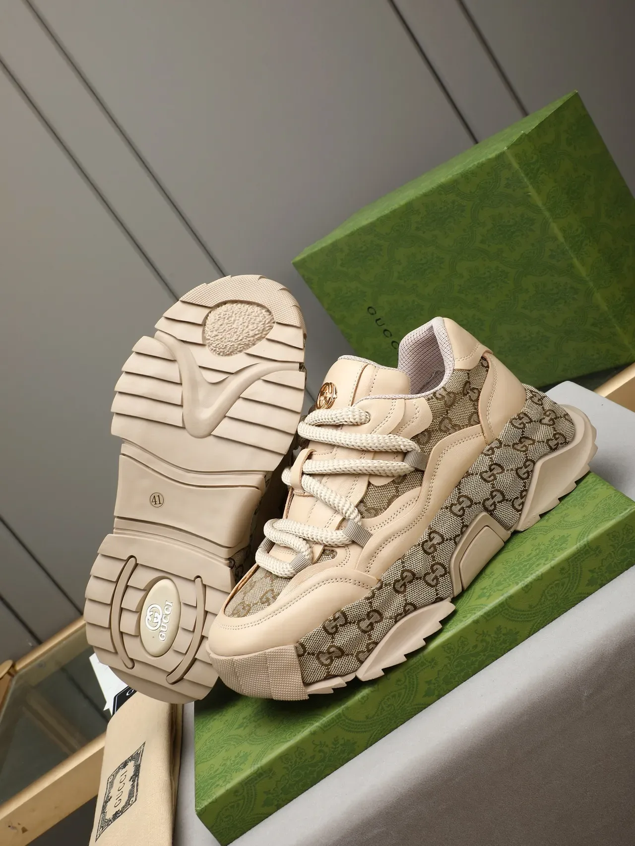 Gucci Beige Brown GG Monogram Canvas Rope Laces Chunky Sneakers 4