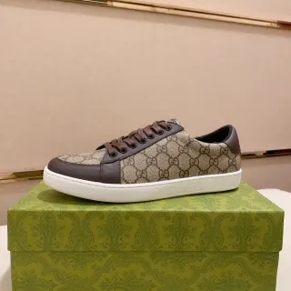 Gucci 米色棕色 Monogram 帆布皮革覆盖生活方式运动鞋
