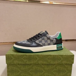 Gucci Beige Verde GG Monogram Canvas con Overlays de Cuero Negro Zapatillas Lifestyle