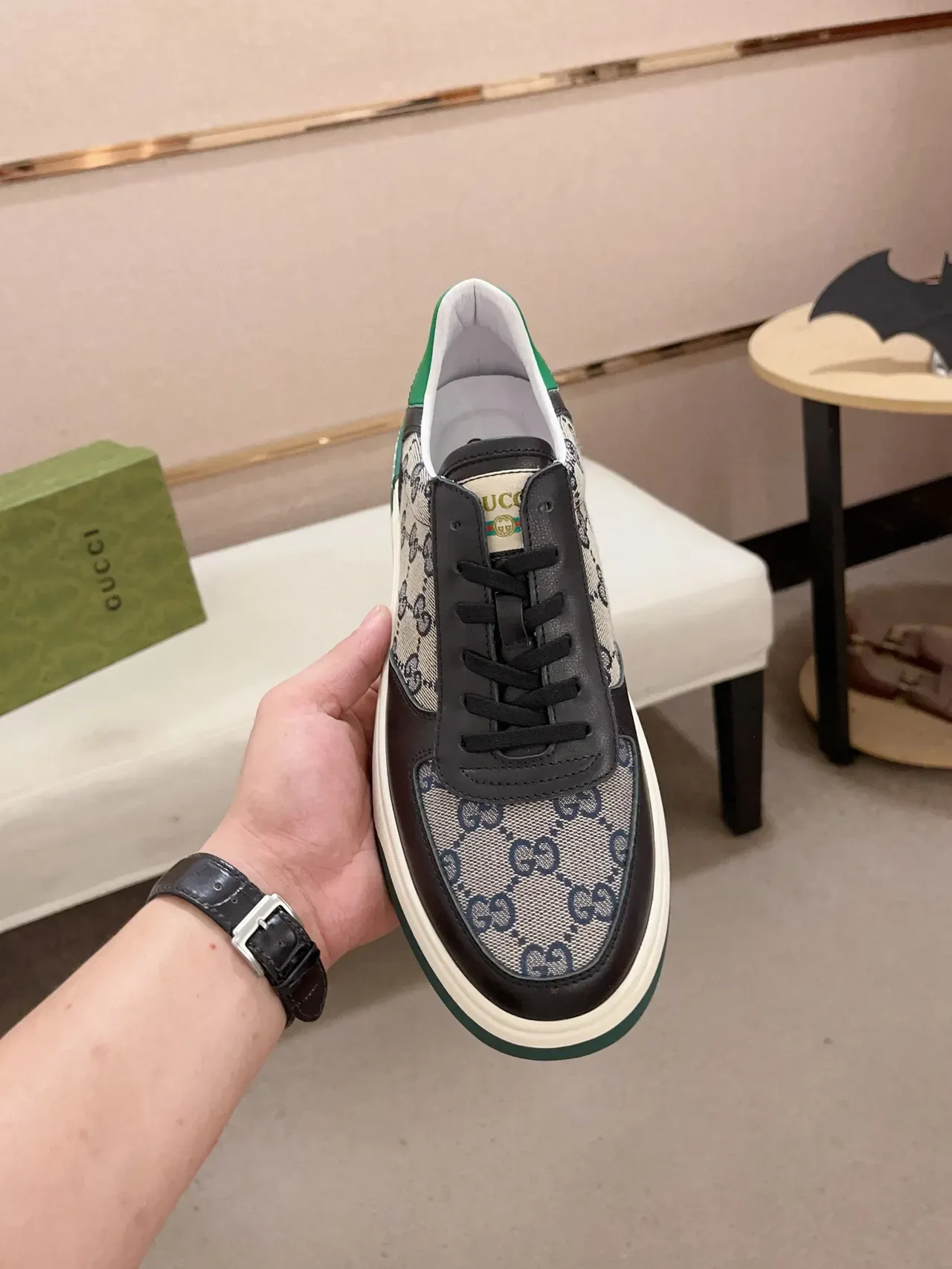 Gucci বেইজ গ্রিন GG Monogram ক্যানভাস কালো চামড়া ওভারলে লাইফস্টাইল স্নিকার্স 2